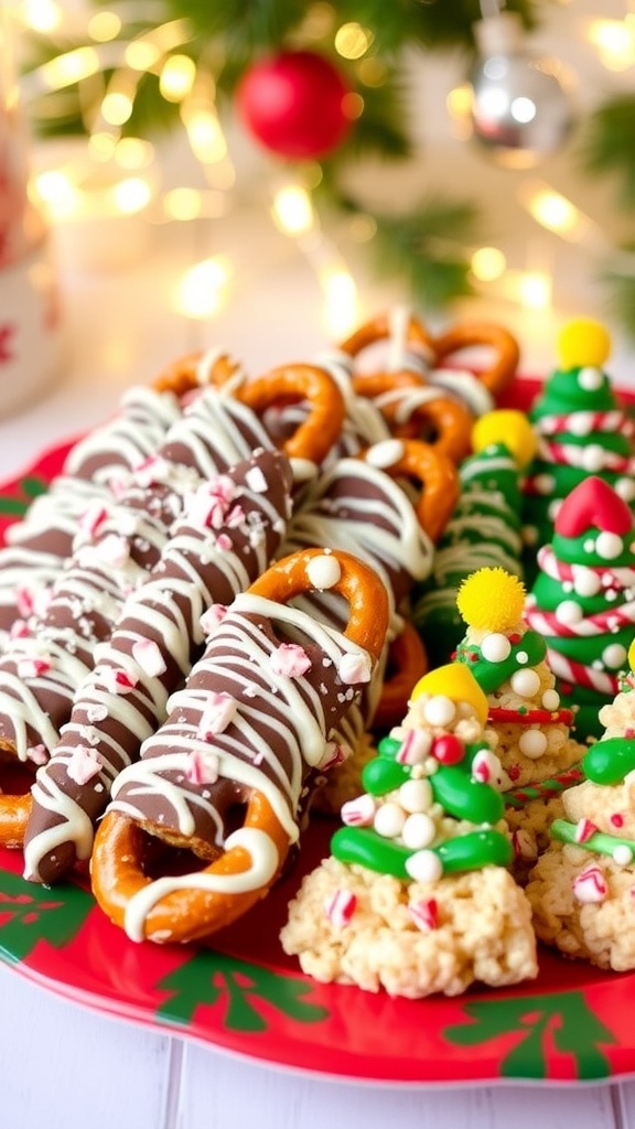 A platter of no-bake Christmas treats including chocolate-covered pretzels and rice krispie treats, decorated for the holidays.